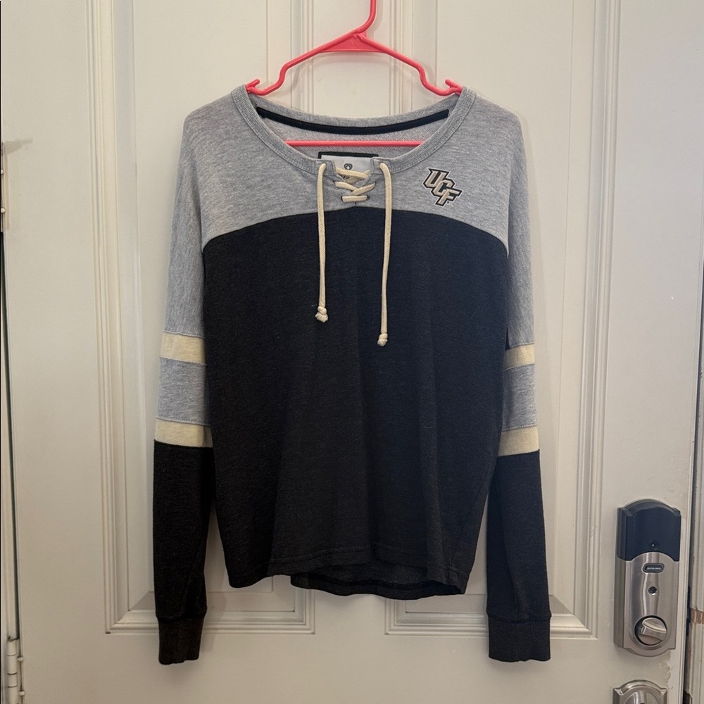 Colosseum UCF Lace-Up Colorblock Crew Sweater in Black, Gray & Cream